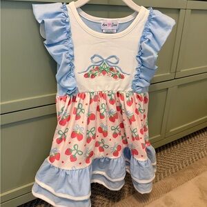 NWOT- Ava & June -2T Strawberry Ruffle Flutter-Sleeve Dress - Light Blue & White